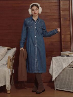Blue J. Vintage Denim Shirt Dress Snap Front Large Gingham Trim Western Cowgirl
